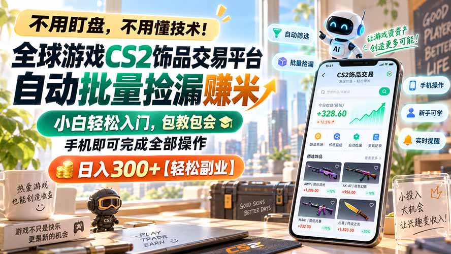 全球游戏CS2饰品交易平台自动批量捡漏赚米，小白轻松入门，包教包会，手机即可完成全部操作，日入300+【轻松副业】-万象聊项目