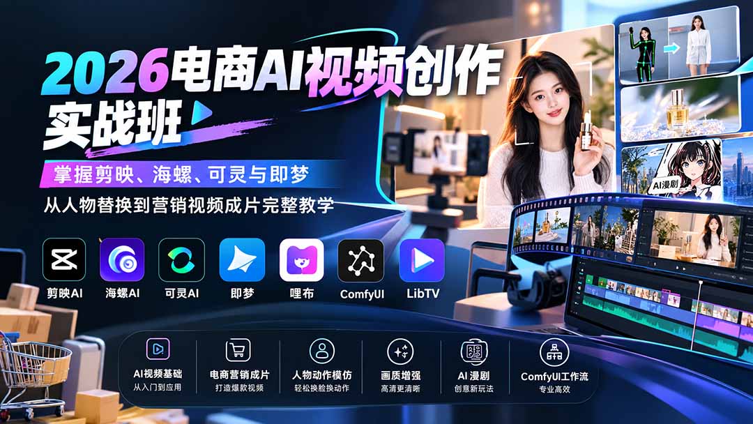 2026电商AI视频创作实战班：掌握剪映、海螺、可灵与即梦，从人物替换到营销视频成片完整教学-万象聊项目