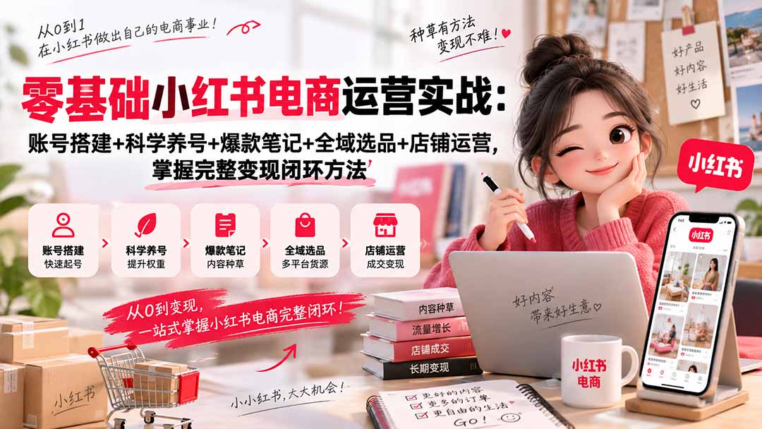 零基础小红书电商运营实战：账号搭建+科学养号+爆款笔记+全域选品+店铺运营，掌握完整变现闭环方法-万象聊项目