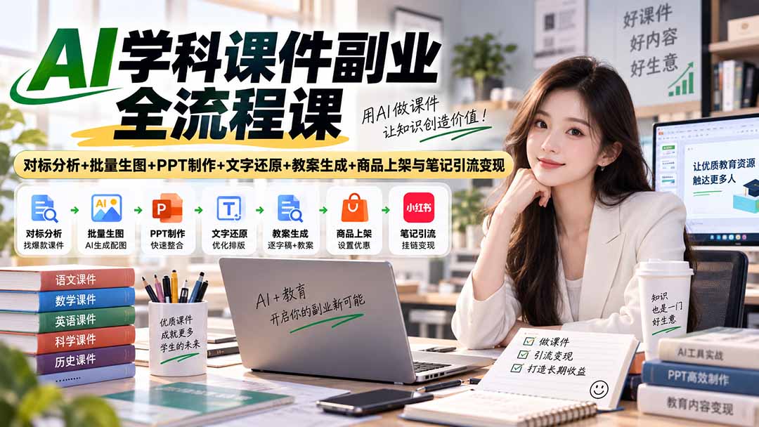 AI学科课件副业全流程课｜对标分析+批量生图+PPT制作+文字还原+教案生成+商品上架与笔记引流变现-万象聊项目