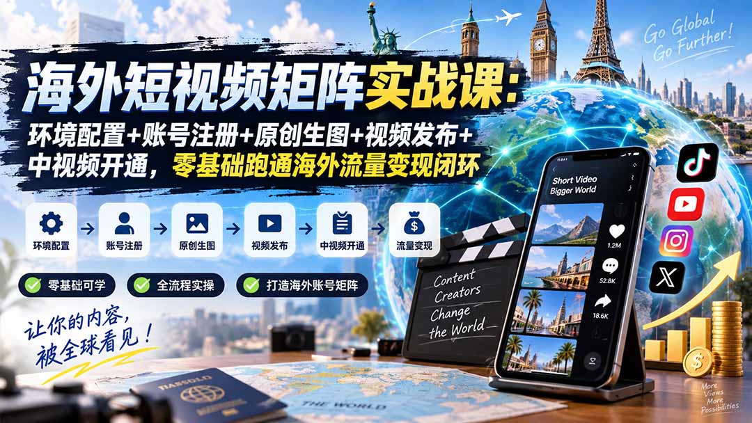 海外短视频矩阵实战课：环境配置+账号注册+原创生图+视频发布+中视频开通，零基础跑通海外流量变现闭环-万象聊项目