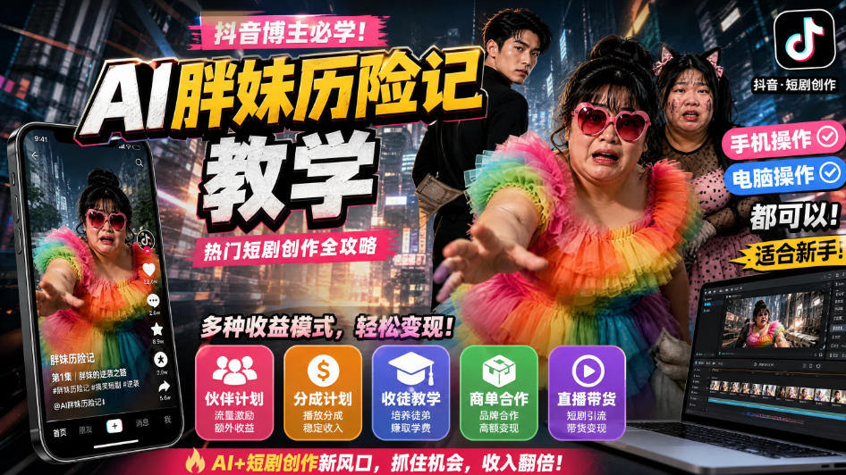 抖音博主的AI胖妹历险记教学，伙伴计划+分成计划+收徒+商单等多种收益，适合新手，手机电脑都可以操作-万象聊项目