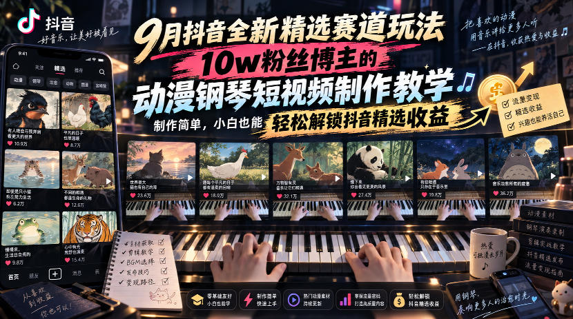 9月抖音全新精选赛道玩法，10w粉丝博主的动漫钢琴短视频制作教学，制作简单，小白也能轻松解锁抖音精选收益-万象聊项目