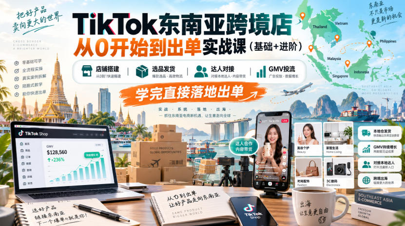 TikTok东南亚跨境店从0开始到出单实战课(基础+进阶)，店铺搭建、选品发货、达人对接、GMV投流，学完直接落地出单-万象聊项目