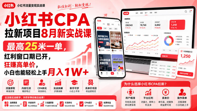 小红书CPA拉新项目8月新实战课，最高25米一单，红利窗口期已开，狂賺高单价，小白也能轻松上手月入1W+(更新0915)-万象聊项目