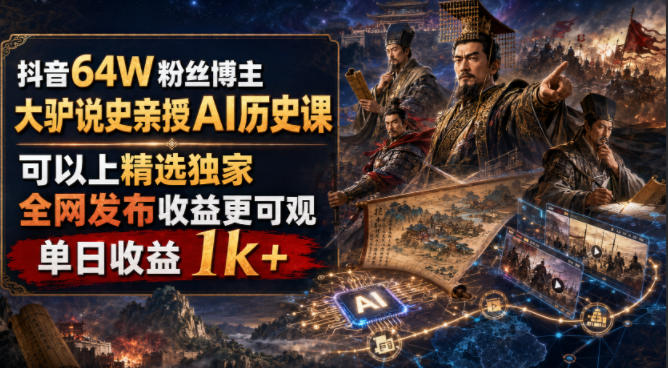 抖音64W粉丝博主大驴说史亲授AI历史课，可以上精选独家，全网发布收益更可观，单日收益1k+(更新)-万象聊项目