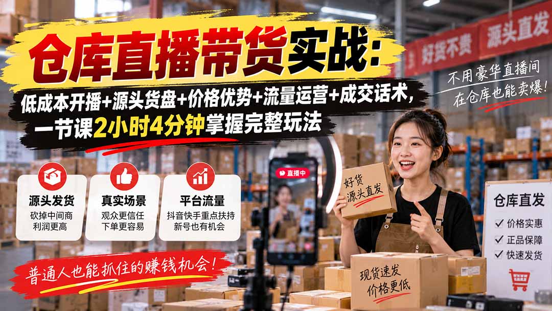 仓库直播带货实战：低成本开播+源头货盘+价格优势+流量运营+成交话术，一节课2小时4分钟掌握完整玩法-万象聊项目