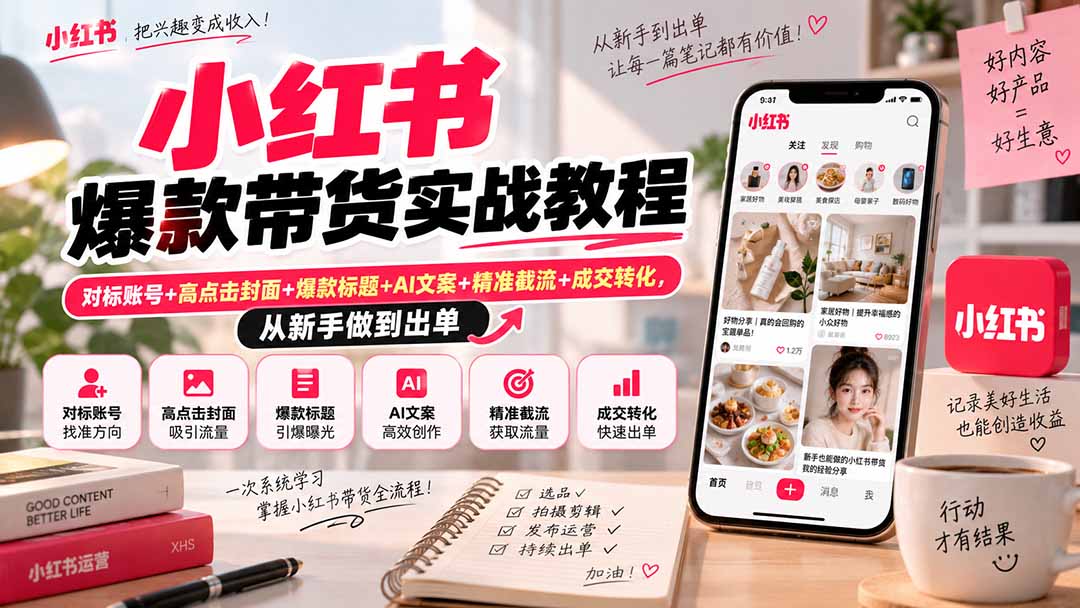 小红书爆款带货实战教程｜对标账号+高点击封面+爆款标题+AI文案+精准截流+成交转化，从新手做到出单-万象聊项目