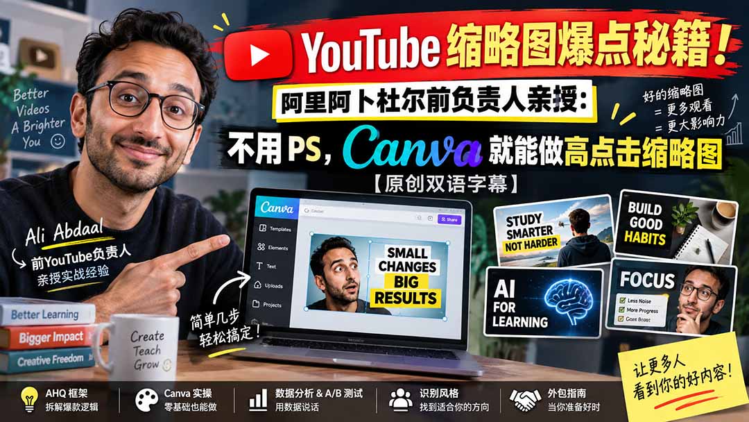 YouTube 缩略图爆点秘籍！阿里阿卜杜尔前负责人亲授：不用 PS，Canva 就能做高点击缩略图【原创双语字幕】-万象聊项目