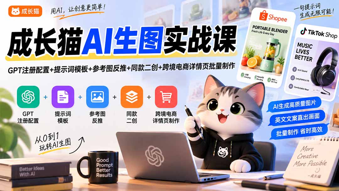 成长猫AI生图实战课｜GPT注册配置+提示词模板+参考图反推+同款二创+跨境电商详情页批量制作-万象聊项目