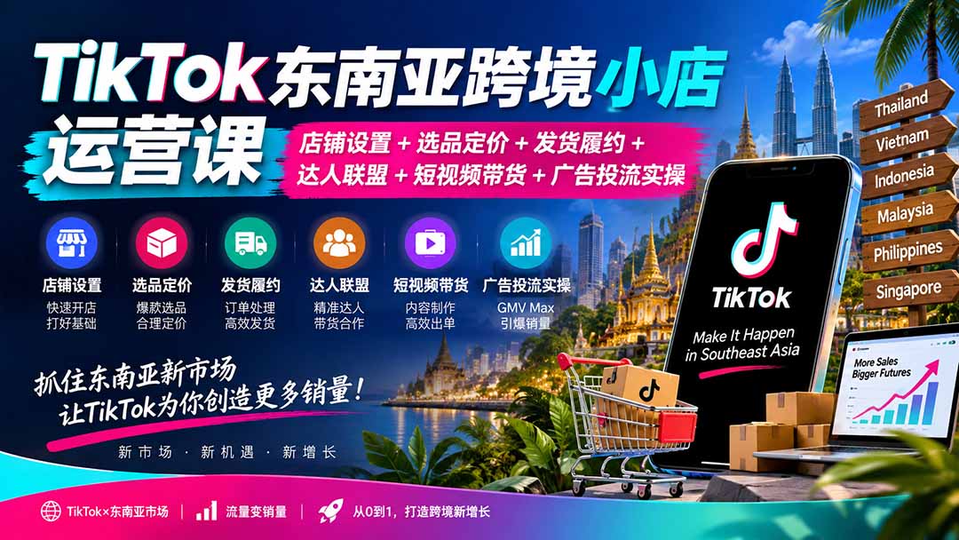 TikTok东南亚跨境小店运营课：店铺设置+选品定价+发货履约+达人联盟+短视频带货+广告投流实操-万象聊项目