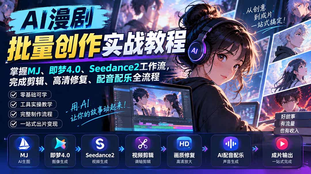 AI漫剧批量创作实战教程：掌握MJ、即梦4.0、Seedance2工作流，完成剪辑、高清修复、配音配乐全流程-万象聊项目