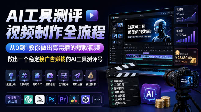 AI工具测评视频制作全流程，从0到1教你做出高完播的爆款视频，做出一个稳定接广告賺钱的AI工具测评号-万象聊项目
