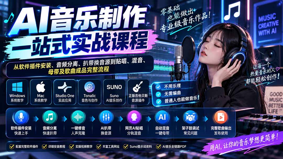 AI音乐制作一站式实战课程：从软件插件安装、音频分离、扒带换音源到贴唱、混音、母带及歌曲成品完整流程-万象聊项目