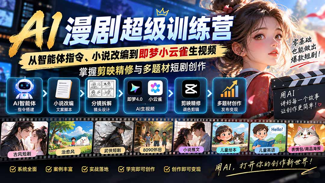 AI漫剧超级特训营：从智能体指令、小说改编到即梦小云雀生视频，掌握剪映精修与多题材短剧创作-万象聊项目