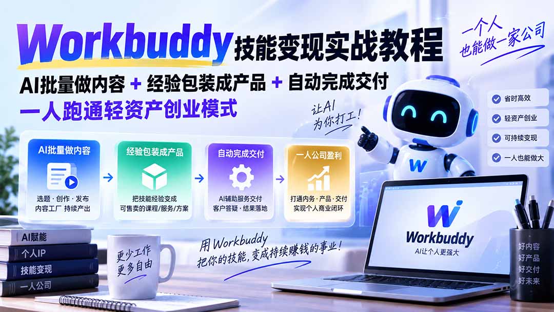 Workbuddy技能变现实战教程：AI批量做内容+经验包装成产品+自动完成交付，一人跑通轻资产创业模式-万象聊项目