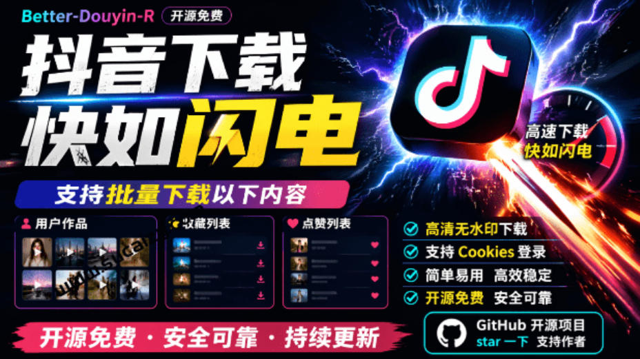 超级好用！抖音视频下载神器，支持批量下载用户作品收藏列表和点赞列表，开源完全免费Better-douyin-R-万象聊项目