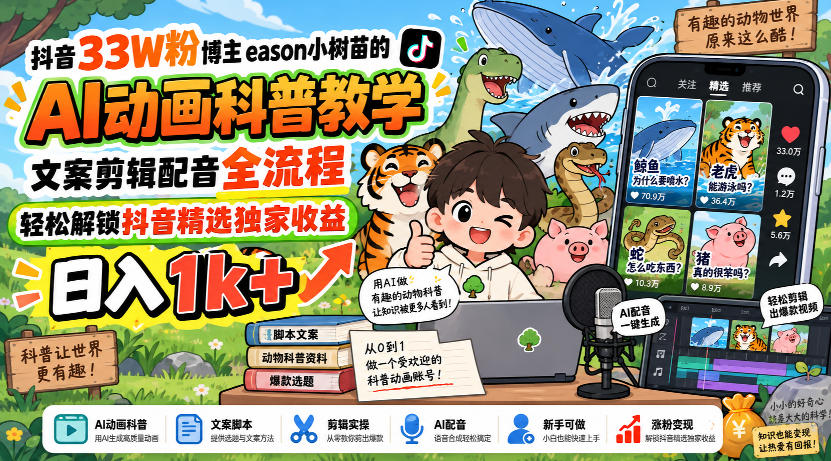 抖音33W粉博主eason小树苗的AI动画科普教学，文案剪辑配音全流程，轻松解锁抖音精选独家收益，日入1k+-万象聊项目
