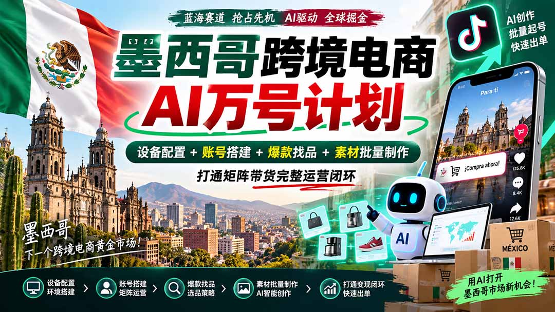 墨西哥AI跨境电商万号计划｜设备配置+账号搭建+爆款找品+素材批量制作，打通矩阵带货完整运营闭环-万象聊项目