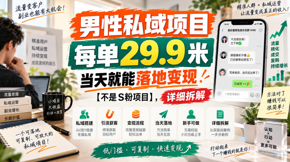 男性私域项目，每单29.9米，当天就能落地变现【不是S粉项目】，详细拆解-万象聊项目