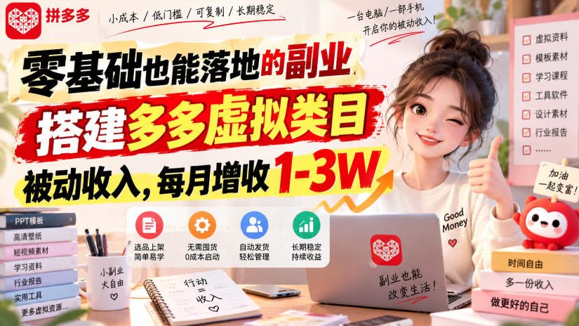 零基础也能落地的副业，搭建多多虚拟类目被动收入，每月增收1-3W【揭秘】-万象聊项目