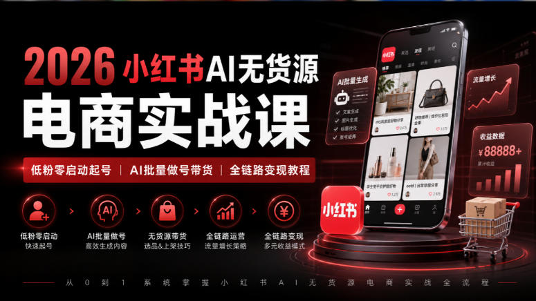 2026小红书AI无货源电商实战课｜低粉零启动起号｜AI批量做号带货全链路变现教程-万象聊项目
