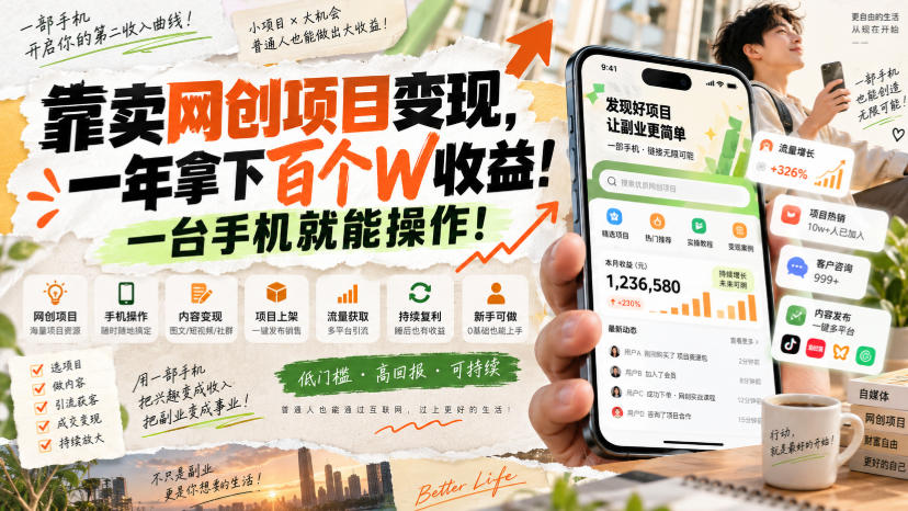 网创小程序虚拟资料变现，一年拿下百万收益，一部手机就可以做，0成本变现副业！-万象聊项目