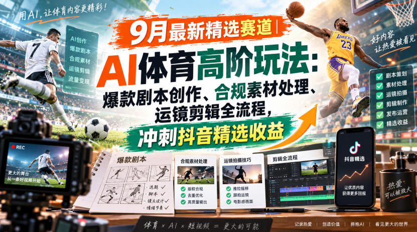某大佬的9月最新精选赛道之AI体育顶级玩法，爆款剧本创作、版权规避、运镜剪辑全流程，稳拿抖音精选收益-万象聊项目