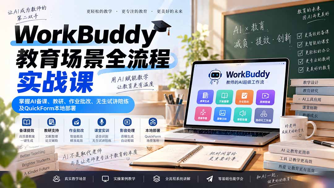 WorkBuddy教育场景全流程实战课：掌握AI备课、教研、作业批改、无生试讲陪练及QuickForm本地部署-万象聊项目