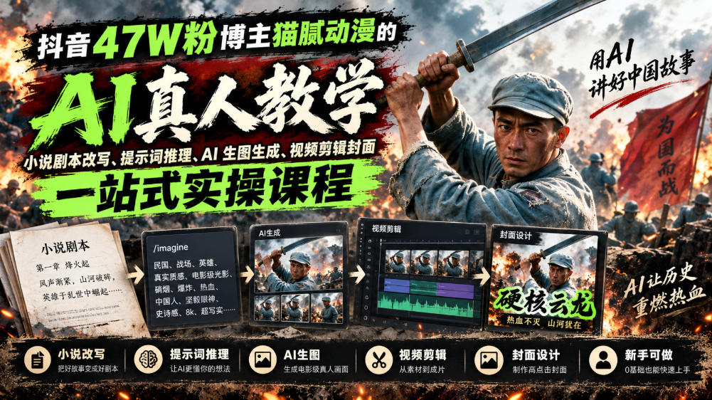 抖音47W粉博主猫腻动漫的AI真人漫剧教学，小说剧本改写、提示词推理、AI生图生成、视频剪辑封面一站式实操课程-万象聊项目
