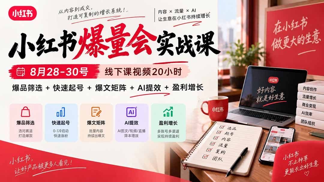 小红书爆量会实战课-更新9月17：线下课视频20小时，爆品筛选+快速起号+爆文矩阵+AI提效+盈利增长-万象聊项目