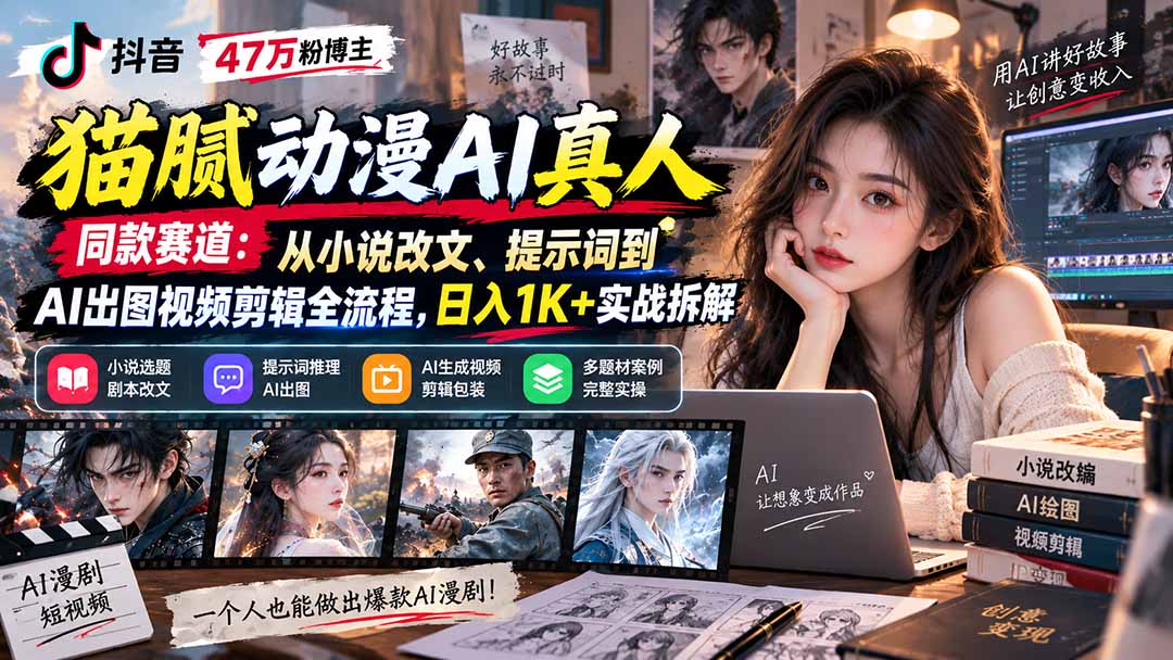 抖音47万粉博主猫腻动漫AI真人同款赛道：从小说改文、提示词到AI出图视频剪辑全流程，日入1K+实战拆解-万象聊项目