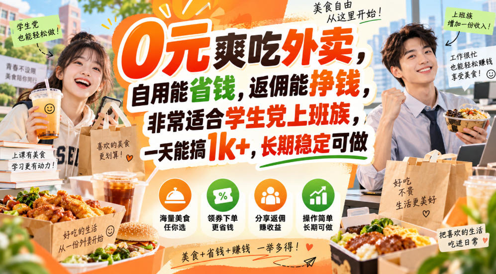 0元爽吃外卖，自用能省钱，返佣能挣钱，非常适合学生党上班族，一天能搞1k+，长期稳定可做-万象聊项目