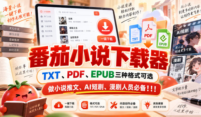 番茄小说下载器，TXT、PDF、EPUB三种格式可选，做小说推文、AI短剧、漫剧人员必备！！！-万象聊项目