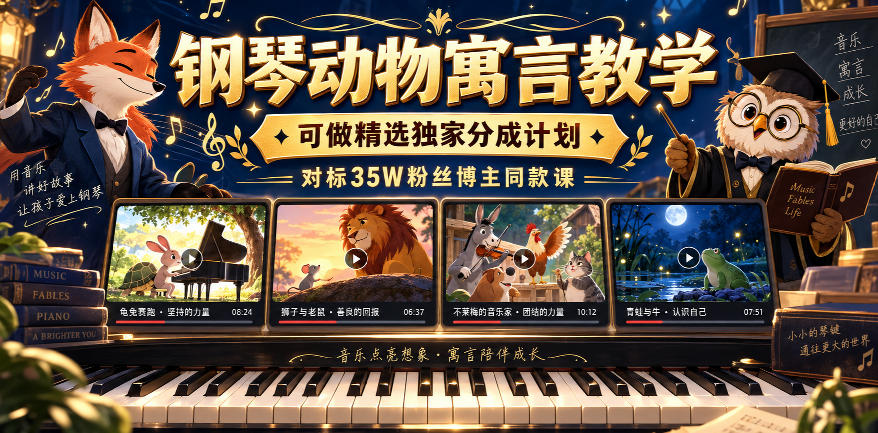 钢琴动物寓言教学，可做精选独家分成计划，对标35W粉丝博主同款课-万象聊项目