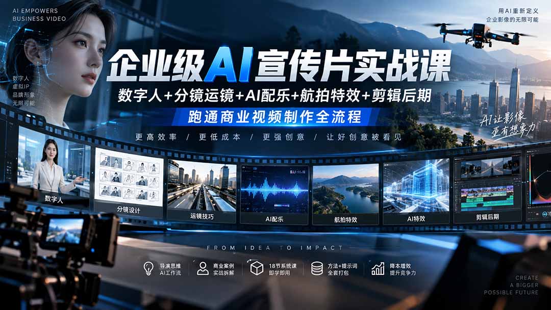 企业级AI宣传片实战课｜数字人+分镜运镜+AI配乐+航拍特效+剪辑后期，跑通商业视频制作全流程-万象聊项目