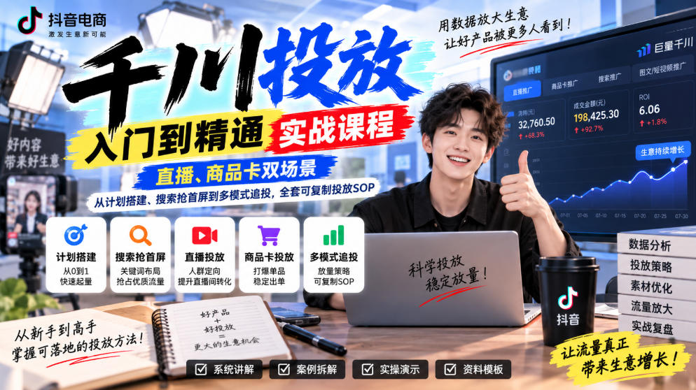 千川投放入门到精通实战课程，直播、商品卡双场景，从计划搭建、搜索抢首屏到多模式追投，全套可复制投放SOP-万象聊项目