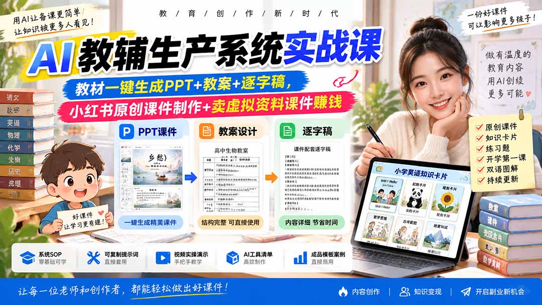 AI教辅生产系统实战课｜教材一键生成PPT+教案+逐字稿，小红书原创课件制作+卖虚拟资料课件赚钱-万象聊项目