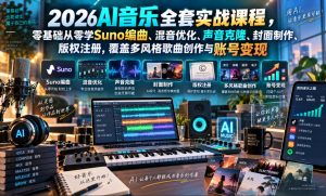 2026AI音乐实战课程，零基础从零学Suno编曲、混音优化、声音克隆、版权注册，覆盖多风格歌曲创作与账号变现-万象聊项目