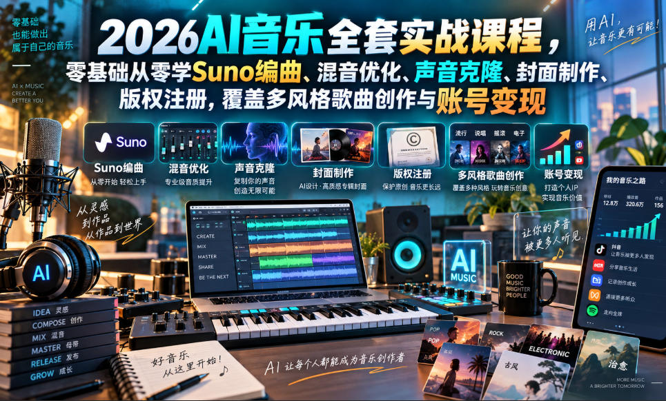 2026AI音乐实战课程，零基础从零学Suno编曲、混音优化、声音克隆、版权注册，覆盖多风格歌曲创作与账号变现-万象聊项目
