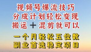 视频号爆流技巧，分成计划轻松变现，搬运 +混剪就可以，一个月轻松五位数稳定项目【揭秘】-万象聊项目