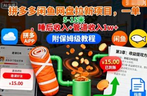 拼多多闲鱼网盘拉新项目,一单5-15米,睡后收入+管道收入1w+(附保姆级教程)-万象聊项目