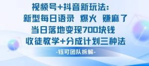 视频号加抖音新玩法：爆火新型每日语录，收徒教学加分成计划，三种变现玩法，当日变现7张-万象聊项目