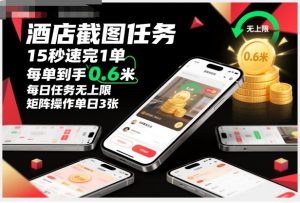 酒店截图任务，15秒速完1单，每单到手0.6米，每日任务无上限，全网首发玩法，矩阵操作单日3张【揭秘】-万象聊项目