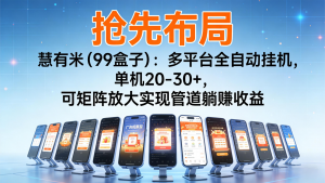 抢先布局慧有米(99盒子)：多平台全自动挂机，单机20-30+，可矩阵实现管道躺赚-万象聊项目