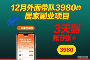 12月外面带队3980的居家副业项目,一部手机实测3天到账9张+,首发教程【揭秘】-万象聊项目